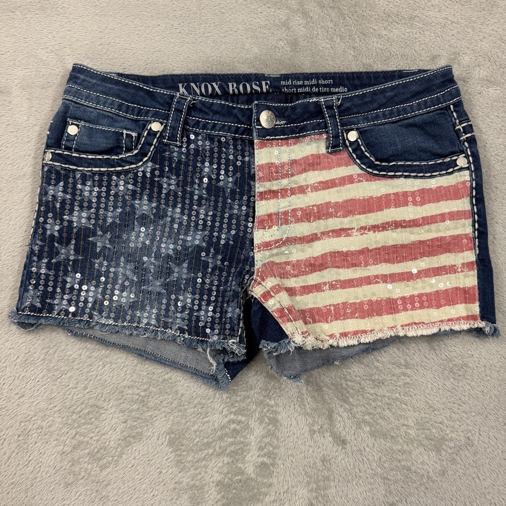 Knox Rose Cut Off Denim Shorts Women's 14 American Flag Patriotic Red White Blue